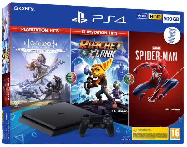 Sony Playstation 4 Slim 500 Go + Horizon Zero Dawn + Ratchet & Clank + Spider-Man