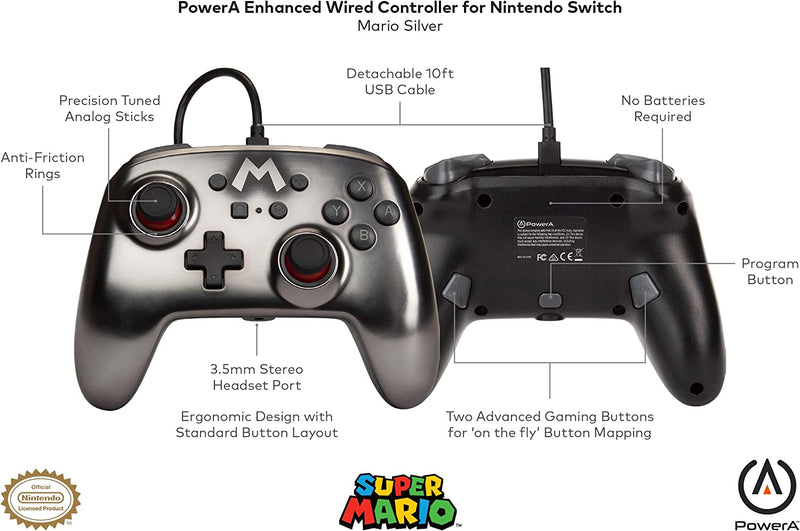Comando PowerA com fios Super Mario Silver Nintendo Switch