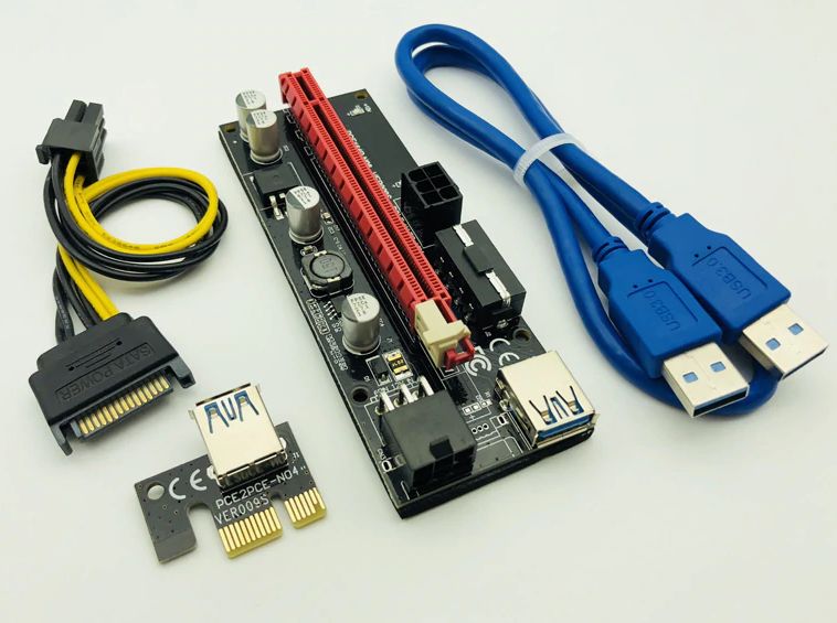 Adaptateur Riser PCI-E 1x-16x | VOIR 009S | 2x 6 broches | USB 3.0| 60 cm Bleu